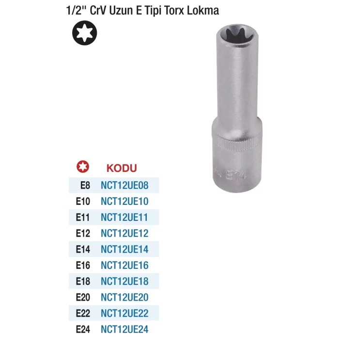 1/2 Crv E Tipi Uzun Torx Lokma