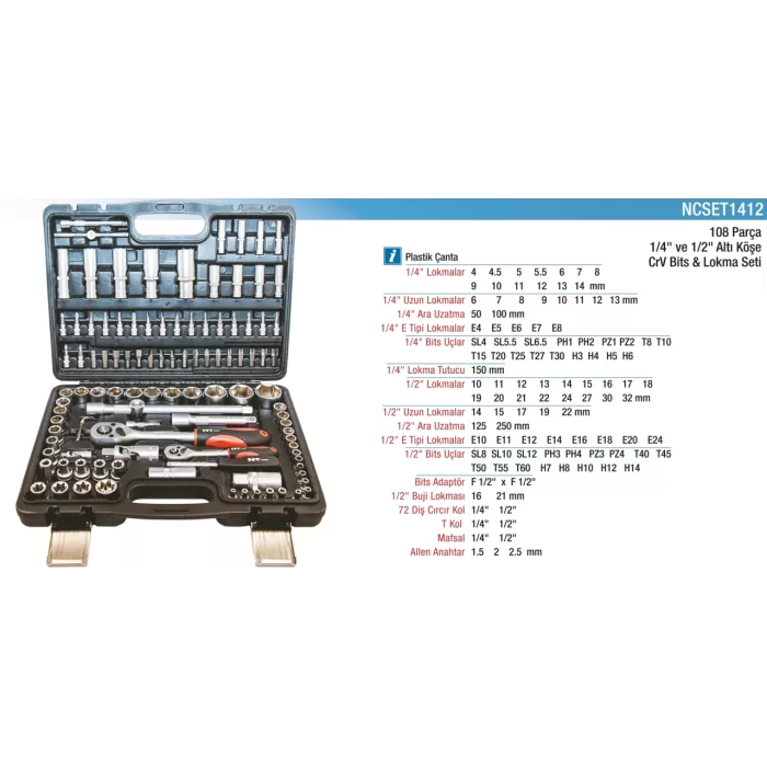 108 Parça 1/4 ve 1/2 6pt CR-V Bits ve Lokma Seti