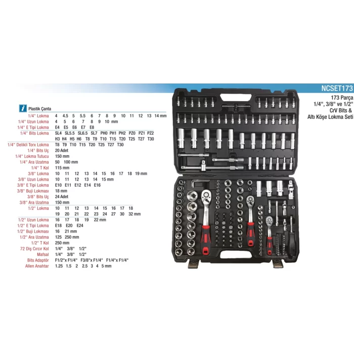 173 Parça 1/2 3/8 1/4 Cr-V Lokma Seti