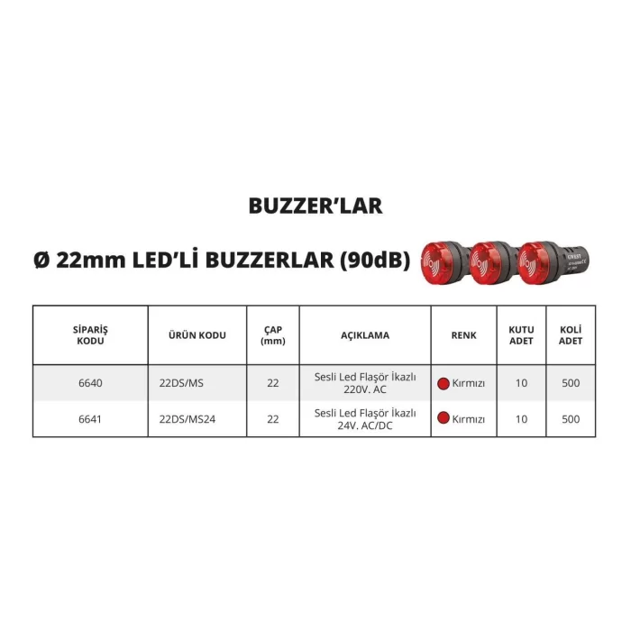 22mm Ledli Buzzer (90dB) - 10 Adet