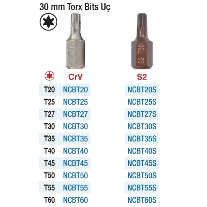 30mm CrV & S2 TORX UÇLU BİTS UÇLAR