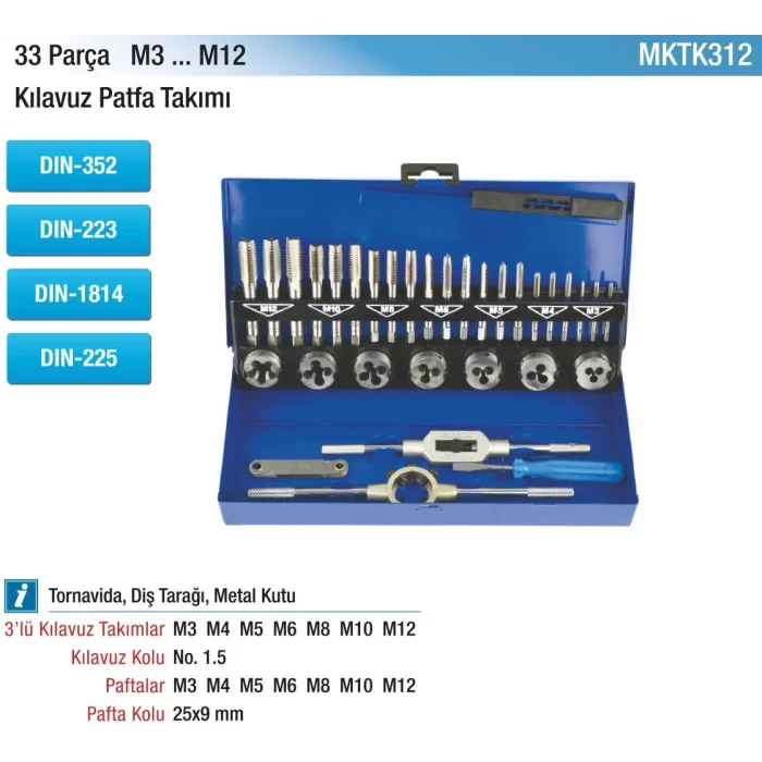 33 Parça M3-12 HSS Kılavuz Pafta Takımı (1 Adet)