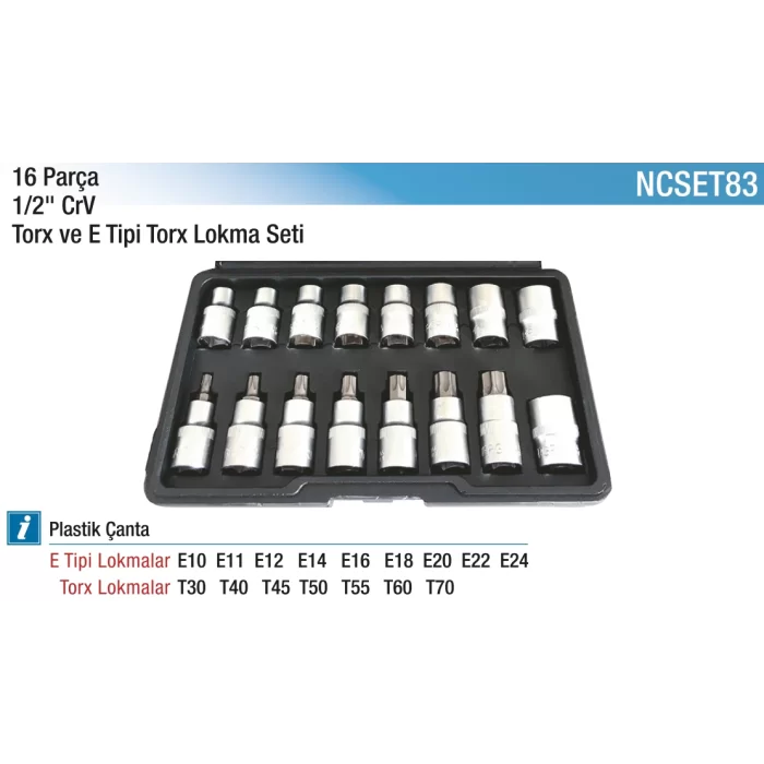 16 Parça 1/2 CR-V Torx ve E Tipi Torx Lokma Seti