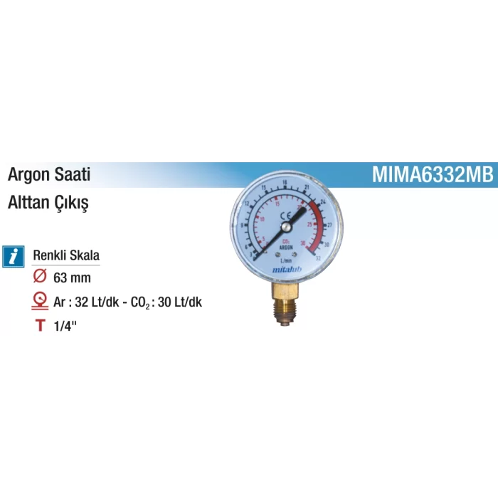 63 mm. 32 Lt/dk Argon Saati Alttan Manometre