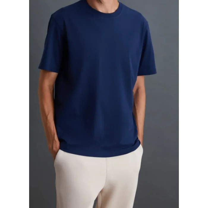 Erkek %100 Organik Pamuklu Kalın Dokulu Comfort Fit Bisiklet Yakalı Lacivert T-shirt