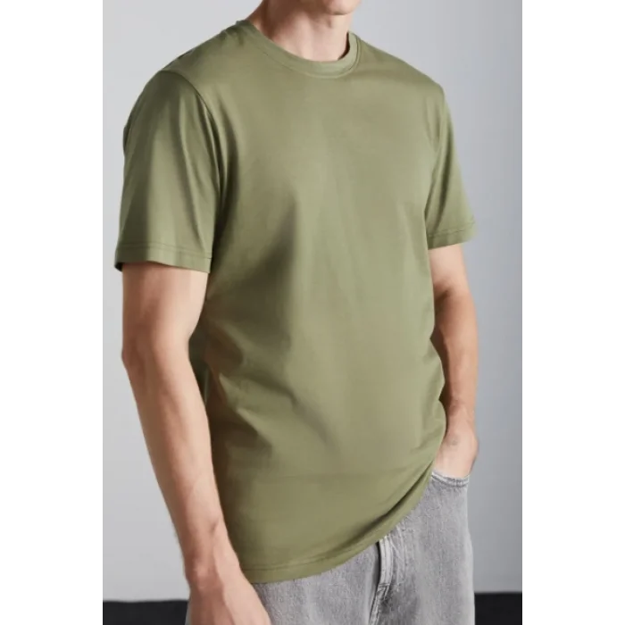 Erkek %100 Organik Pamuklu Kalın Dokulu Comfort Fit Bisiklet Yakalı Haki T-shirt