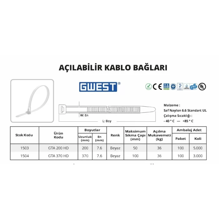 Açılabilir Kablo Bağları 100 Adet