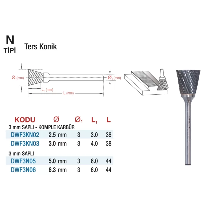 D&W N Tipi Ters Konik - Karbur Kalıpçı Frezeleri