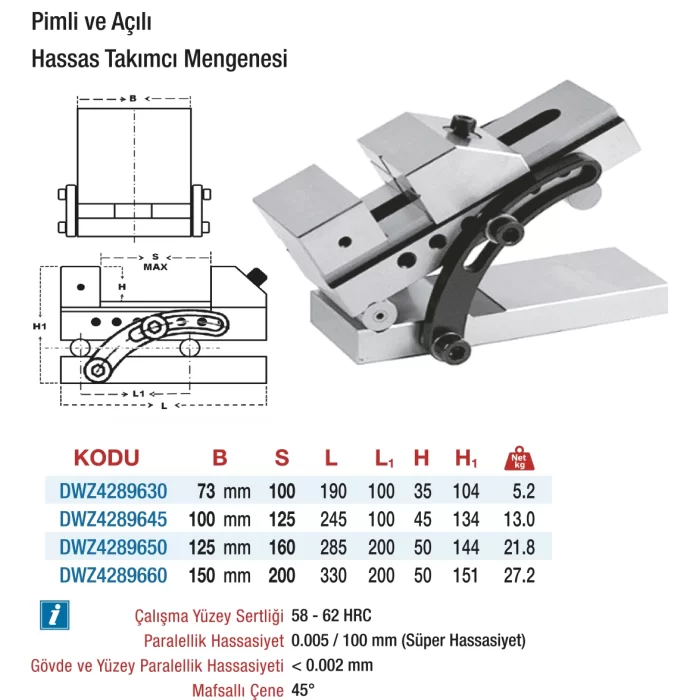 D&W Pimli -Açılı - Hassas - Takımcı Mengeneleri