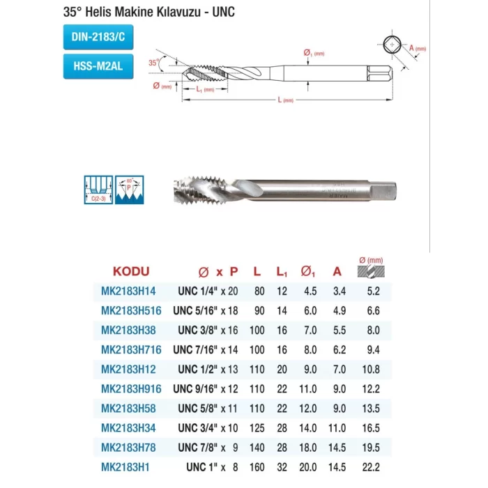 DIN 2183 35° HELİS KANAL - UNC - HSS MAKİNE KILAVUZLARI