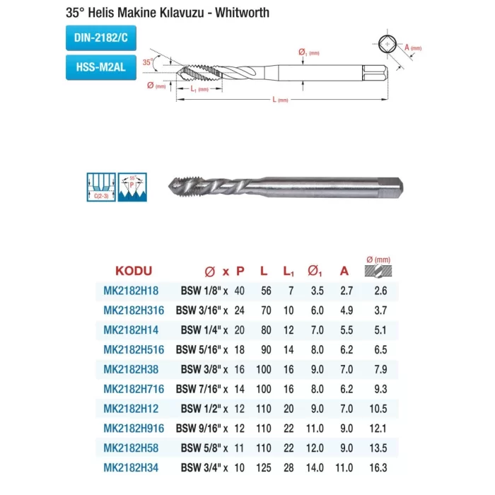 DIN 351 NO.3 SON KILAVUZ - WHİTWORTH - HSS EL KILAVUZLARI