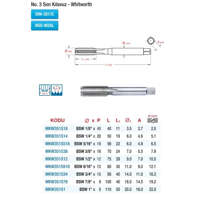 DIN 351 NO.3 SON KILAVUZ - WHİTWORTH - HSS EL KILAVUZLARI