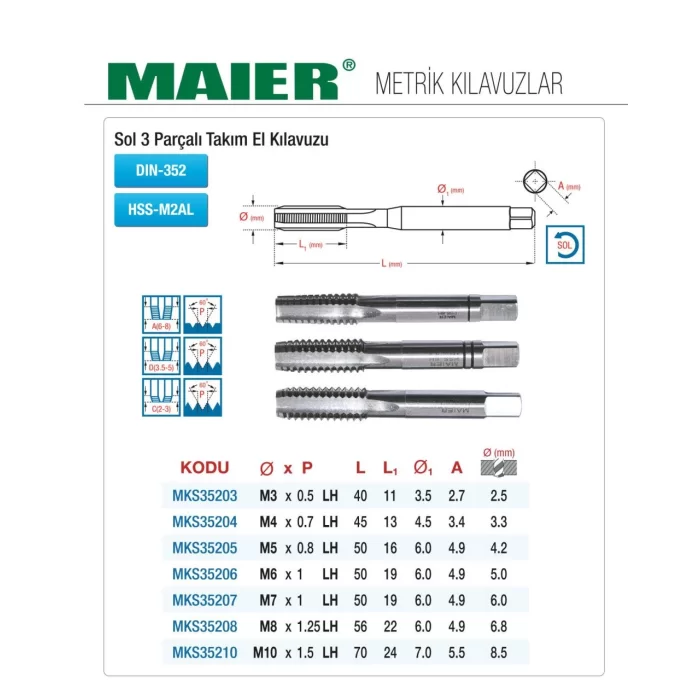 DIN 352 SOL 3 PARÇALI TAKIM - METRİK - HSS EL KILAVUZLARI