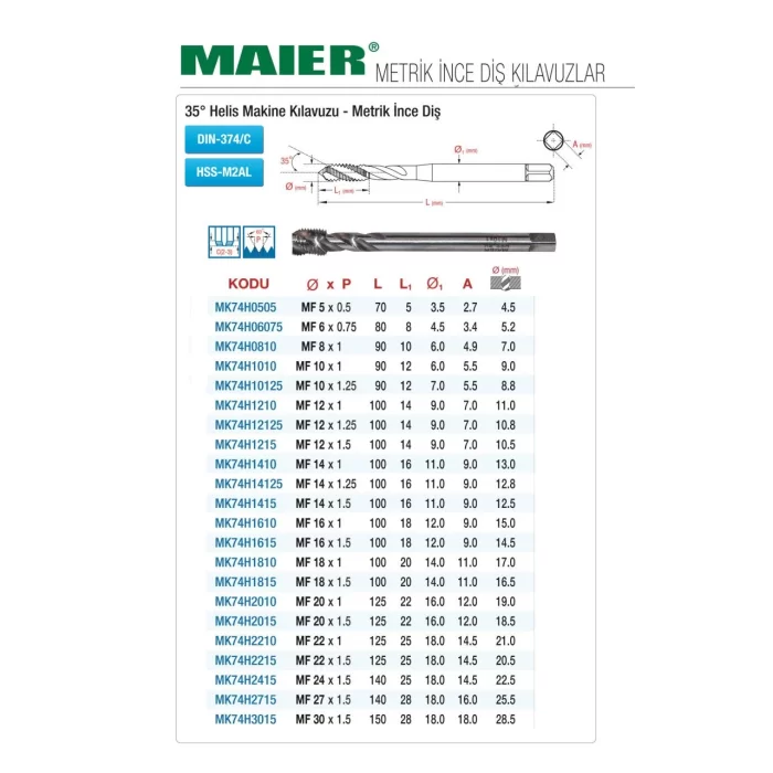 DIN 374 35° HELİS KANAL-METRİK İNCE DİŞ - HSS MAKİNE KILAVUZLARI