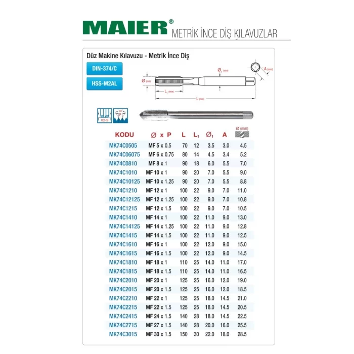 DIN 374 DÜZ KANAL - METRİK İNCE DİŞ - HSS MAKİNE KILAVUZLARI