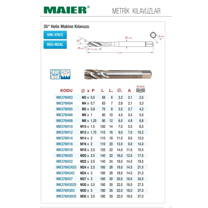 DIN 376 35° HELİS KANAL - METRİK - HSS MAKİNE KILAVUZLARI