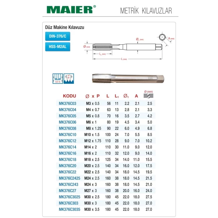 DIN 376 DÜZ KANAL - METRİK - HSS MAKİNE KILAVUZLARI