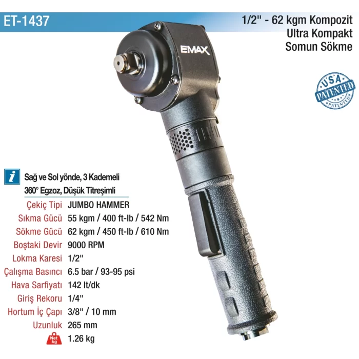 1/2 62 kg. 9000 RPM Ultra Kompakt Somun Sökme