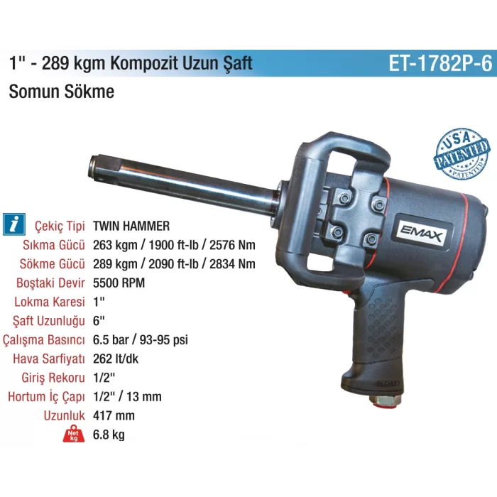 1 277 kg. 5500 RPM 6 Şaft Kompozit Havalı Somun Sökme