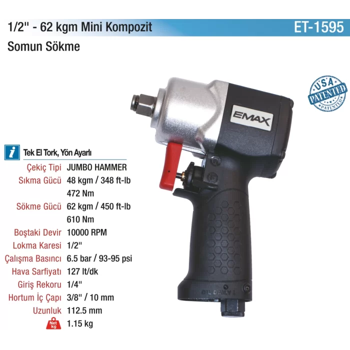 1/2 62kg.10000RPM Kompozit Mini Havalı Somun Sökme