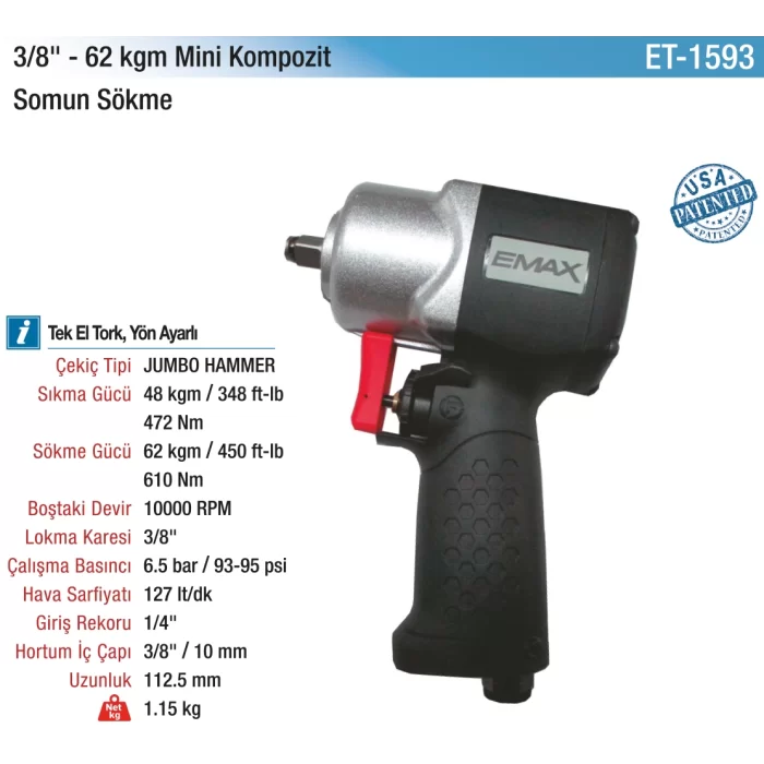 3/8 62kg.10000RPM Kompozit Mini Havalı Somun Sökme