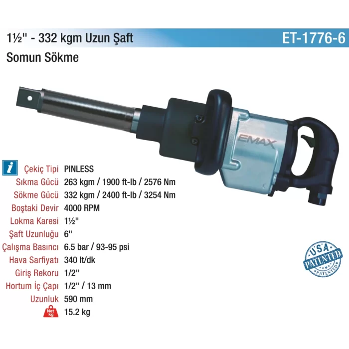 1-1/2 345 kg. 4000 RPM 6 Şaft Havalı Somun Sökme