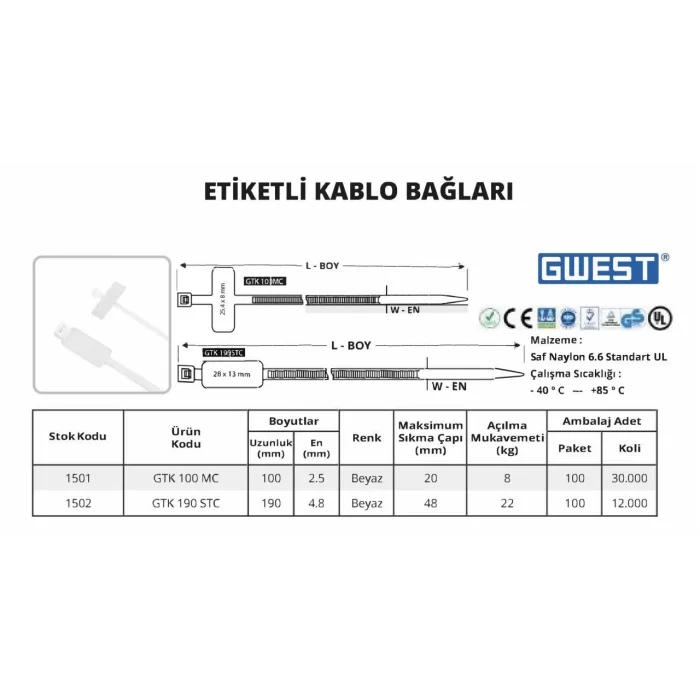 Etiketli Kablo Bağları 100 Adet
