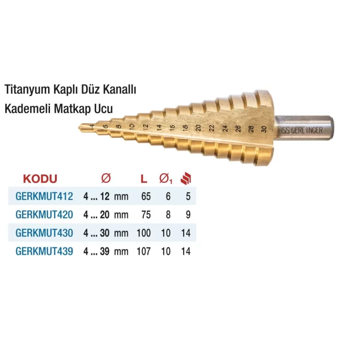 Gerlinger Titanyum Kaplı Düz Kanallı Hss Kademeli Matkap Uçları