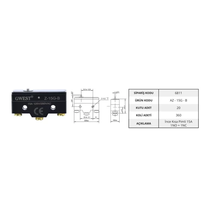 Gwest AZ - 15G - B İnce Kısa Pimli 15A Mikro Switch (20 Adet)