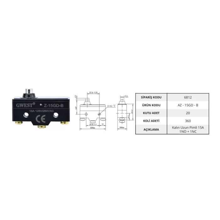 Gwest AZ - 15GD - B Kalın Uzun Pimli 15A Mikro Switch (20 Adet)