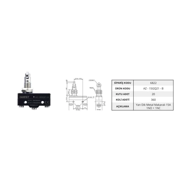 Gwest AZ - 15GQ21 - B Yan Dik Metal Makaralı 15A Mikro Switch (20 Adet)