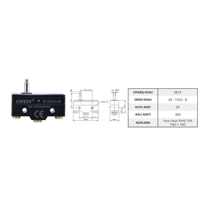 Gwest AZ - 15GS - B İnce Uzun Pimli 15A Mikro Switch (20 Adet)