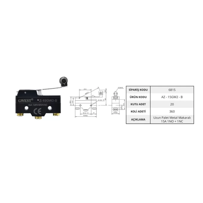 Gwest AZ - 15GW2 - B Uzun Palet Metal Makaralı 15A Mikro Switch (20 Adet)