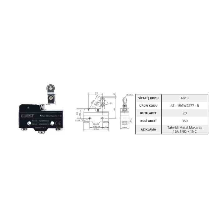 Gwest AZ - 15GW2277 -Tahrikli Metal Makaralı 15A Mikro Switch (20 Adet)