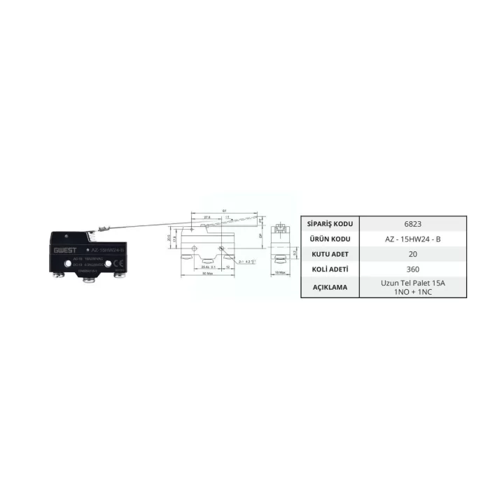 Gwest AZ - 15HW24 - B Uzun Tel Palet 15A Mikro Switch (20 Adet)