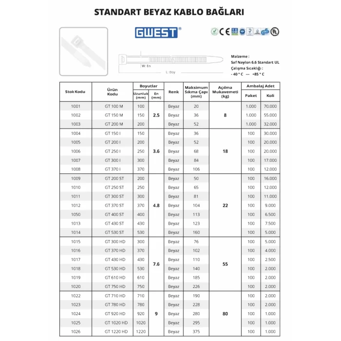 Gwest Beyaz Kablo Bağları