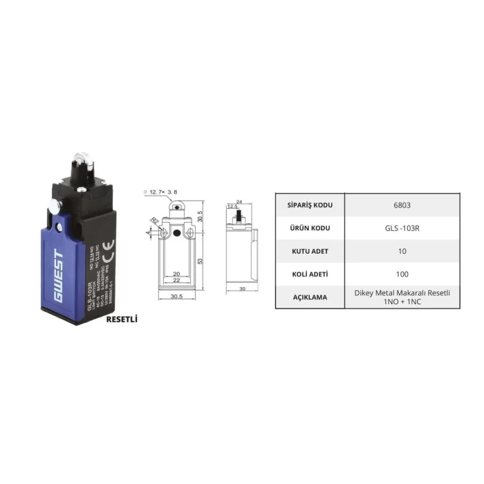 Gwest GLS -103R Limit Switch - Dikey Metal Makaralı Resetli 10 Adet