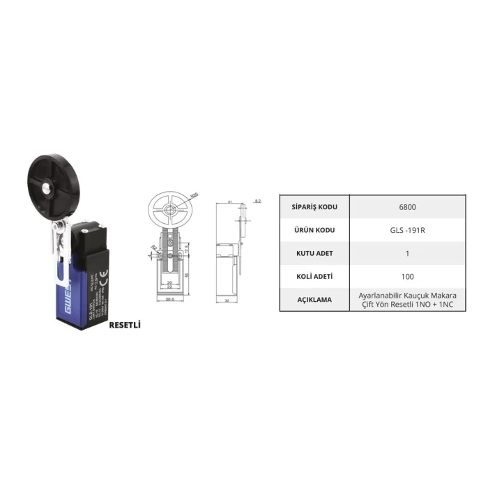 Gwest GLS-191R Limit Switch - Ayarlanabilir Kauçuk Makara Çift Yön Resetli 10 Adet