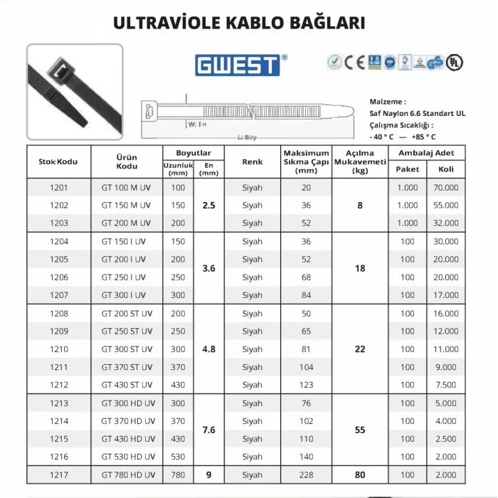Gwest Siyah Ultraviole Kablo Bağları 100 Adet