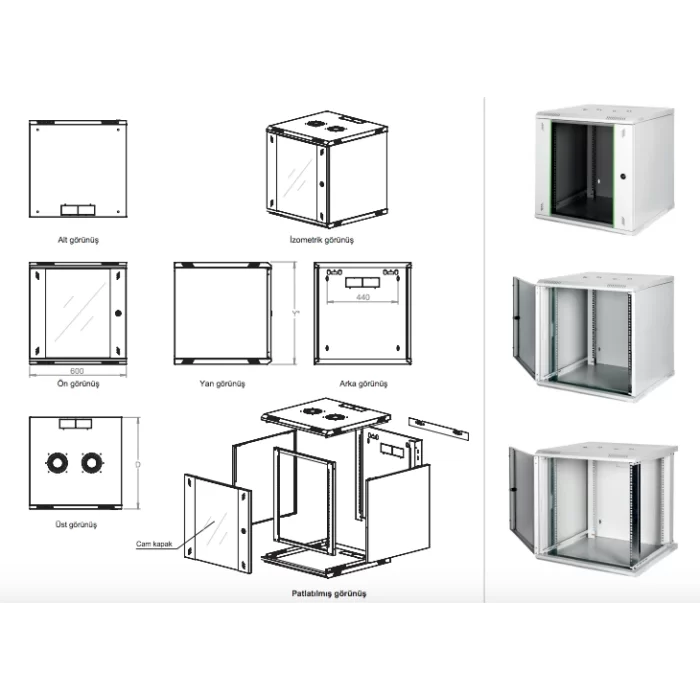 Lande 12U 19 W600mm x D450mm Duvar Tipi Kabinet LN-PRB-12U6045-LG-A