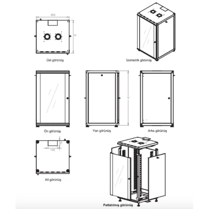 Lande 12U W600mm x D600mm Dikili Tip Kabinet LN-PR12U6060-BL-121