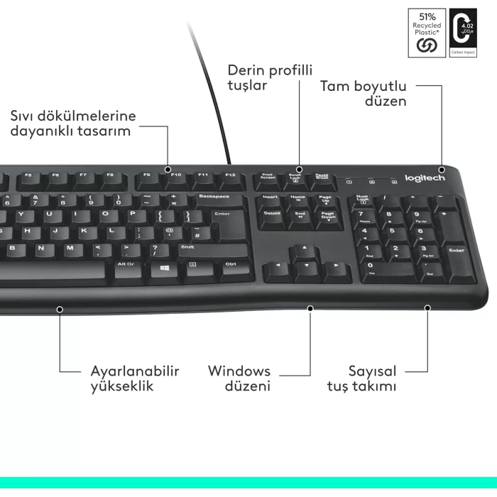 Logitech K120 Q Kablolu Klavye USB Siyah 920-002505