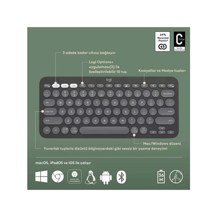 Logitech Pebble Keys 2 K380S Siyah Q Kablosuz Klavye 920-011859