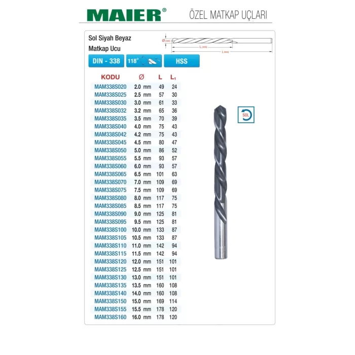 MAIER DIN 338 SOL KESME YÖNLÜ SİLİNDİRİK SAPLI MATKAP UÇLARI