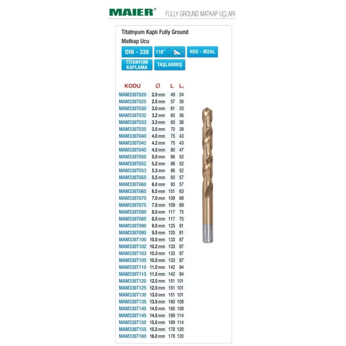 MAIER DIN 338 TİTANYUM KAPLI FULLY GROUND MATKAP UÇLARI