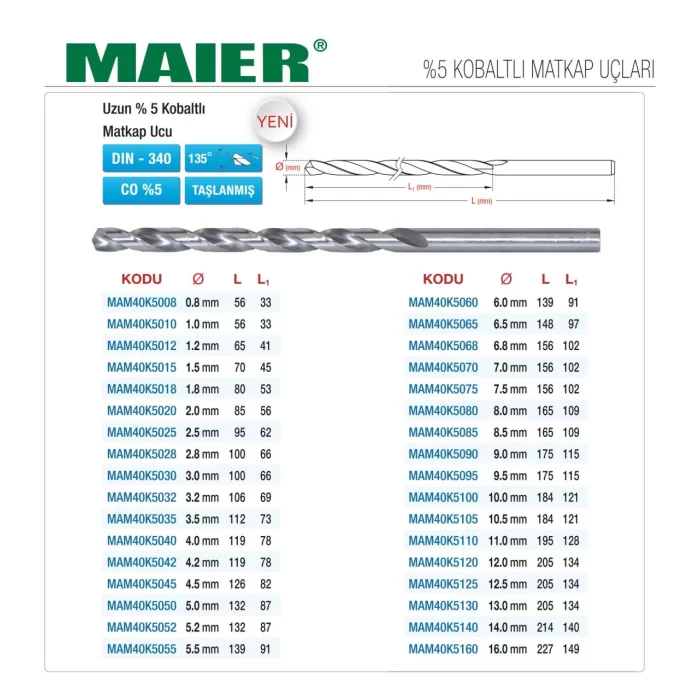 MAIER DIN 340 UZUN %5 KOBALTLI SİLİNDİRİK SAPLI MATKAP UÇLARI