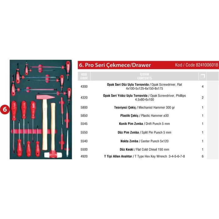 PRO DOLAP 6. ÇEKMECE İÇİ 18 PARÇA