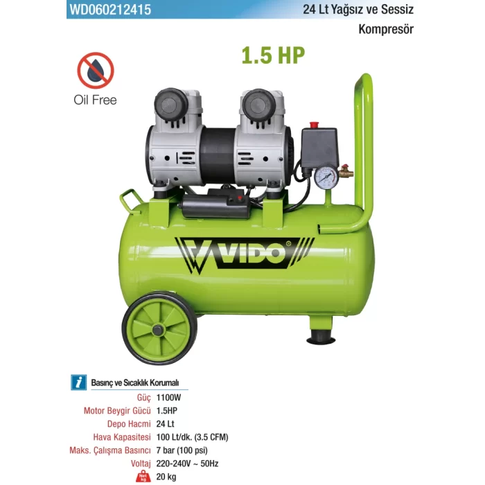 Vido 1100W/1.5HP 24L Kompresör