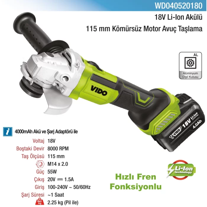 Vido Kömürsüz Avuç Taşlama Makinesi 18V 115 mm