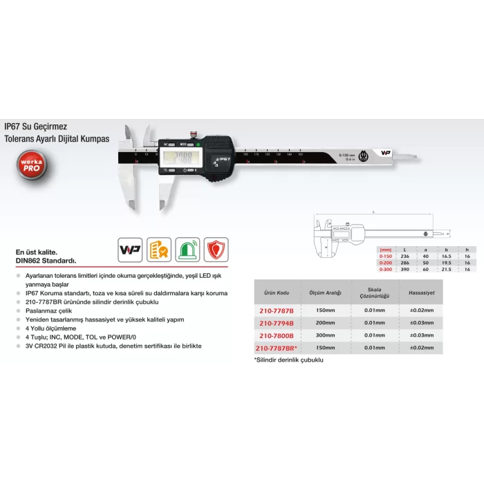 Werka Pro IP67 Tolerans Ayarlı Dijital Kumpas(210-77)